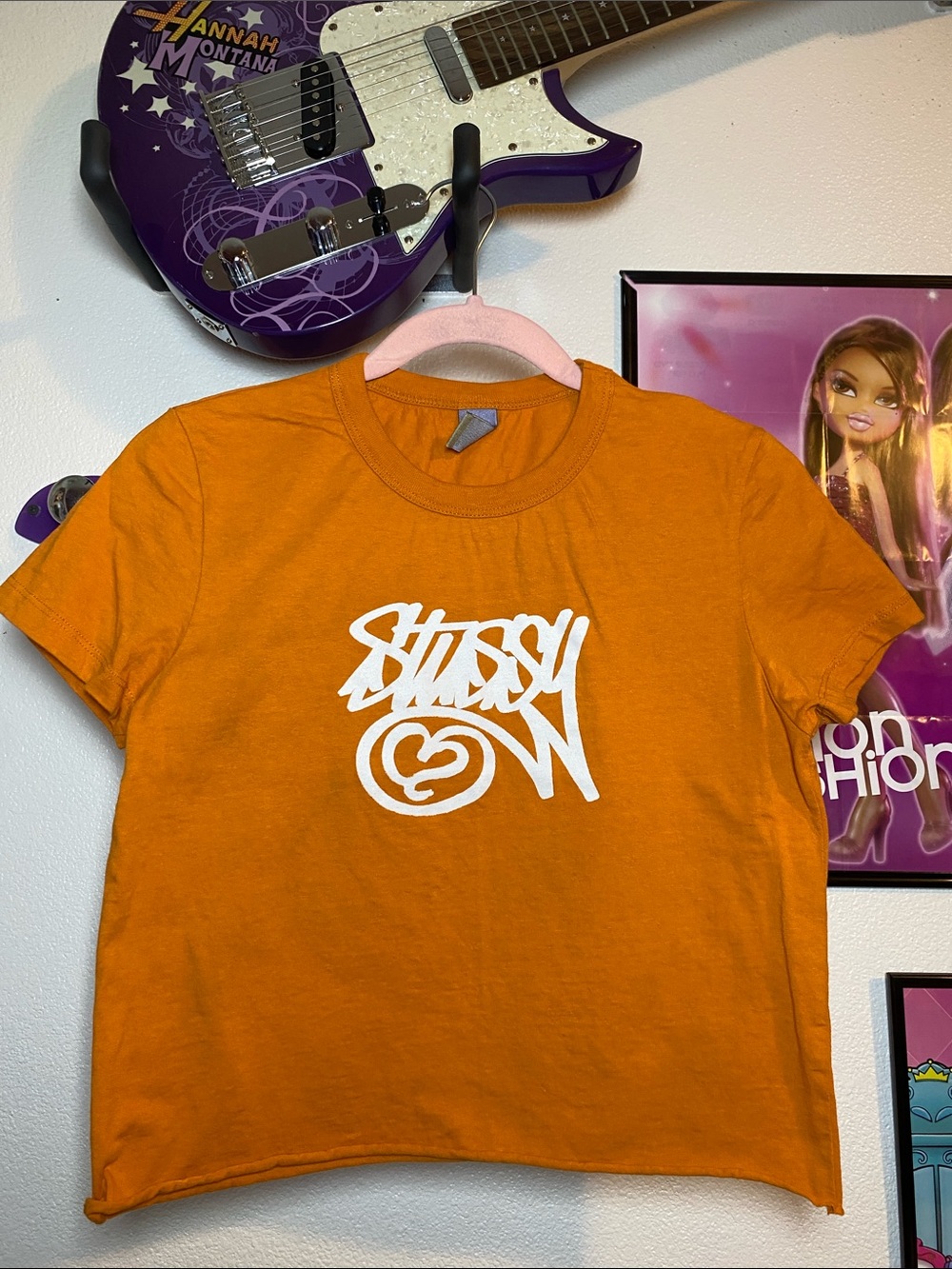 Orange Cropped Stussy Graphic Tee